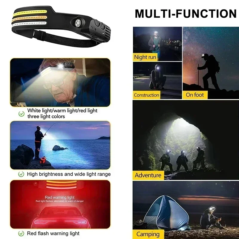 Induction Headlamp COB LED Sensor Head Lamp Built-in Battery Flashlight USB Rechargeable Head Torch 10 Lighting Modes Headlight