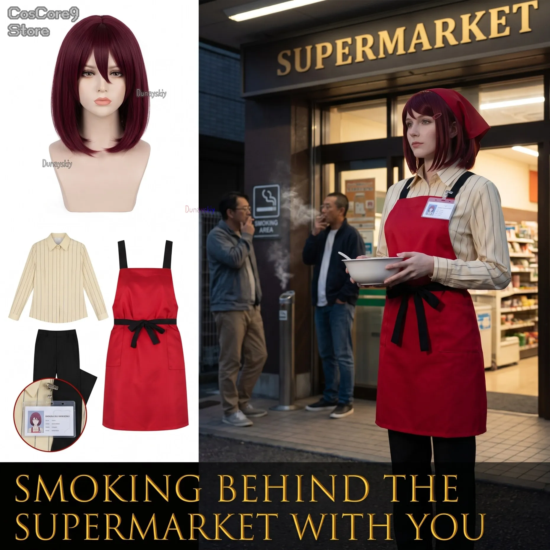 Tenue de travail complète pour magasin de proximité, costume de cosplay Yamada avec personnage d'anime fumant derrière le supermarché, pour Comic Con et Halloween