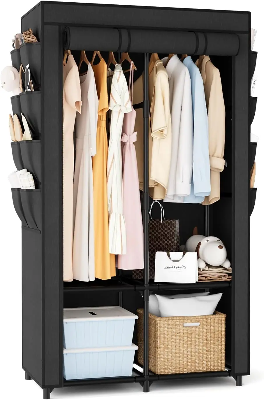 Portable Closet for Hanging Clothes, Portable Wardrobe Closet with Cover, 4 Storage Shelves, 2 Hanging Rods and 8 Side Pocket