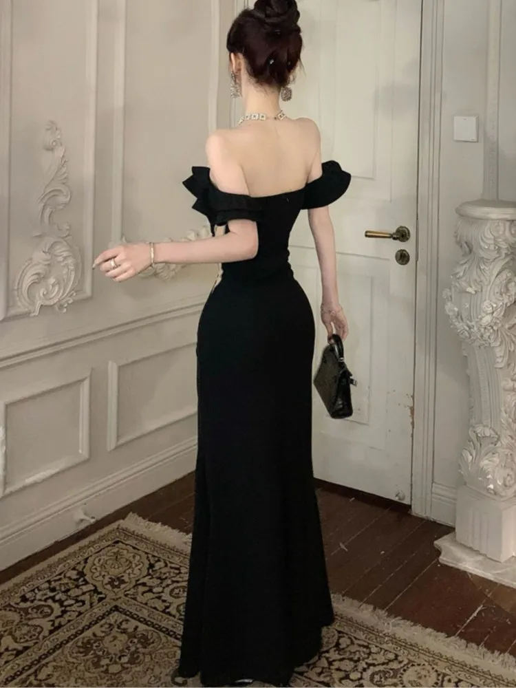 Sexy Ruffled Womens Dresses Elegant Off Shoulder Strapless Evening Party Dress Summer High Waist Slim Wrapped Slit Long Robe New