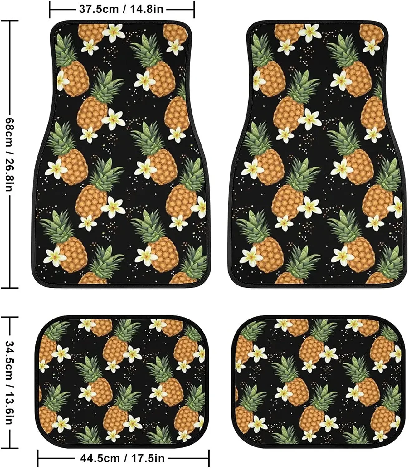 Tropical Pineapples and Flowers Car Floor Mats Front & Rear Liners Set, Universal Fit Auto Carpet Floor Mats Set of 4