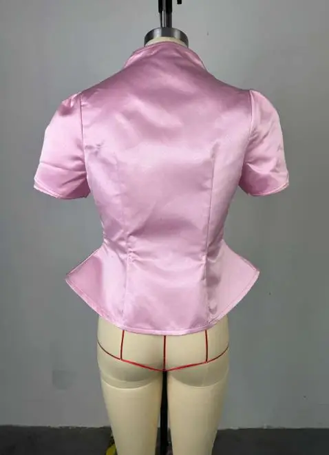 Top Women 2025 Summer New Style Temperament Buckle Puff Sleeve Casual Irregular Hem Slim Fit Short Sleeved Pink Shirt