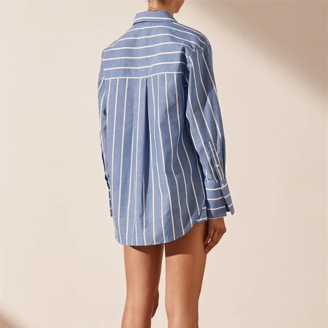 Conjunto de pantalones cortos a rayas para mujer, Camisa larga de algodón con cuello vuelto y botones, ropa informal de verano, 2 piezas
