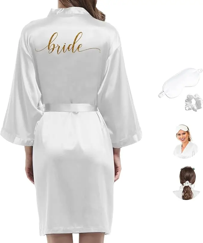 Bride Kimono Robe - Satin Bridesmaid Wedding Party Bridal Morning Silk Silky Dressing Gown for Women