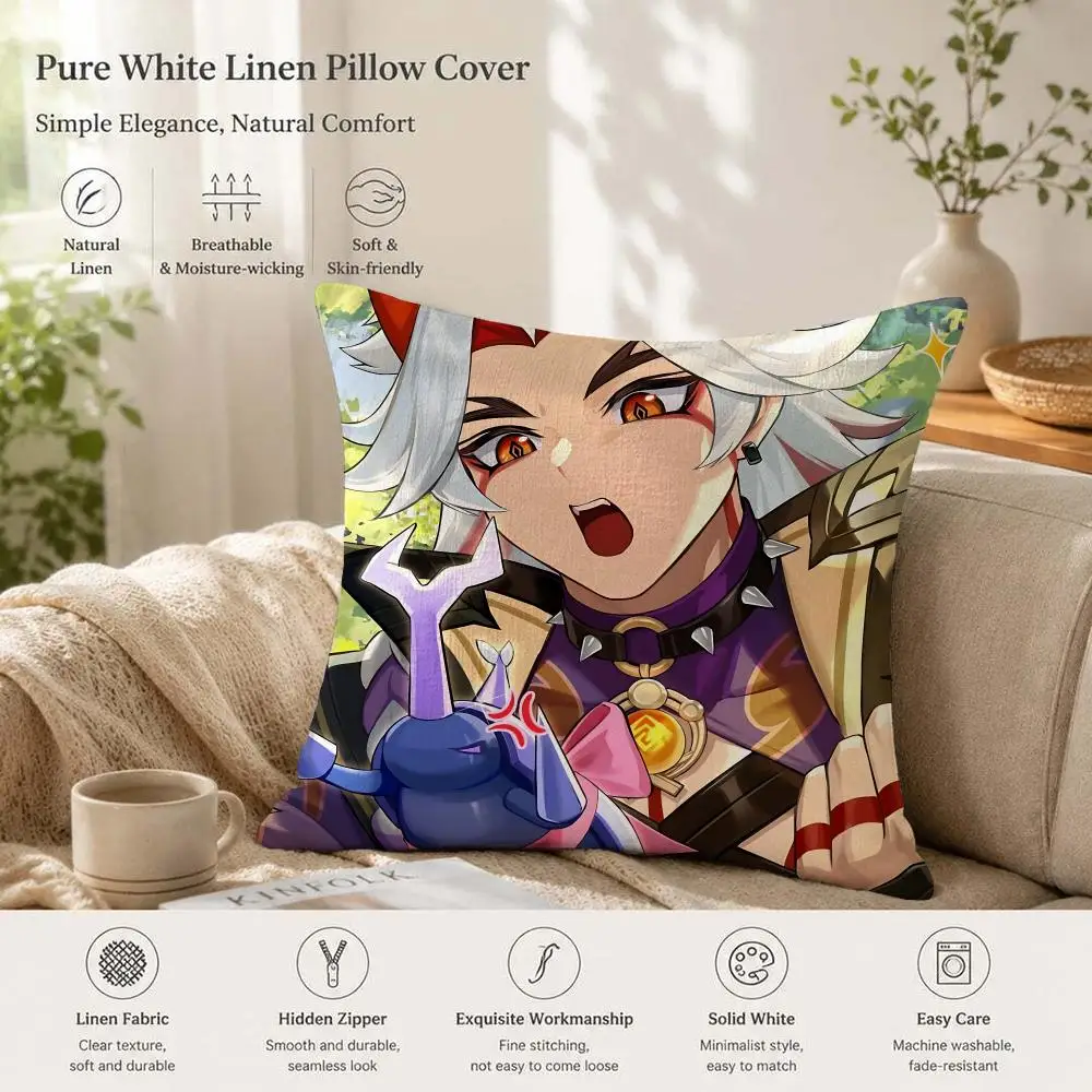 Arataki Itto Genshin Impact Cushion Cover 1/4PCS Linen Sofa Couch Bedroom Living Room Home Office Decor Pillow Case