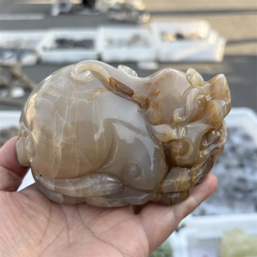 12cm Natural Quartz Moon Stone Pixiu Carving Reiki Healing Fengshui Healing Crystal Home Decorative Animal Gift for Holiday Craf