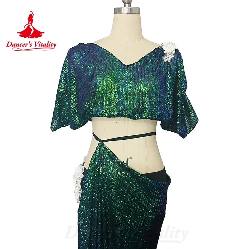 Traje de danza del vientre personalizado para mujer, Top de manga corta con cuello en V + Falda larga dividida, trajes de actuación de baile Oriental 2ps