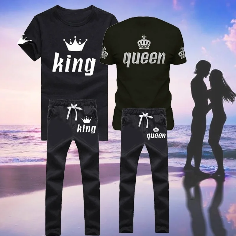 Bababuy King Queen Lovers Couple Matching Set Short Sleeve T-Shirt and Sweatpants Trousers Men Women Casual Tracksuits