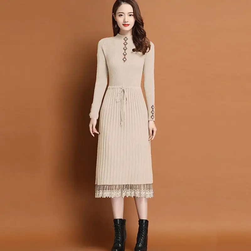 Women's Brown Long Knit Sweater Draw rope Dress, Button Sashes, Contrast Lace Patchwork, Office OL Party, Black Fall Midi Dress,