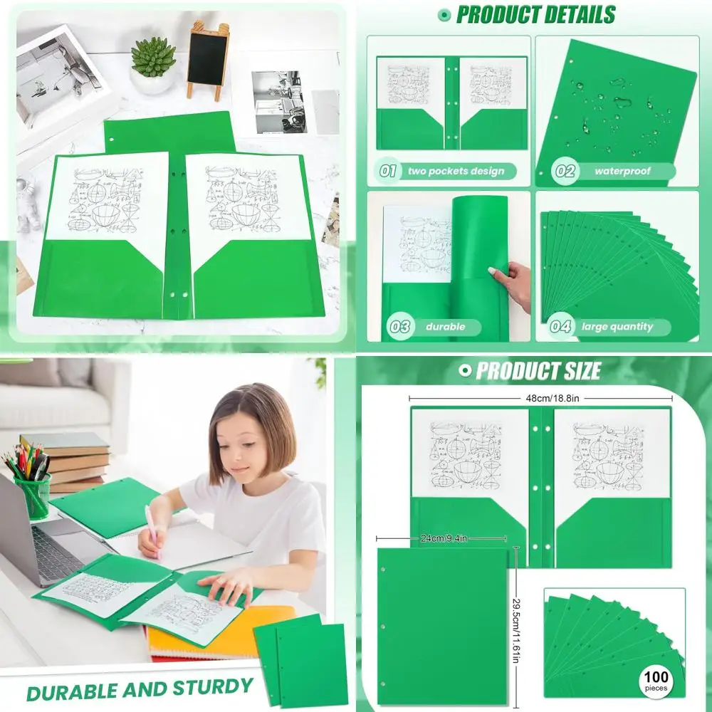 

Plastic Pocket Folders, 100 Pack, 3-Hole Punch, 2 Pockets for 3-Ring Binder, Durable Poly, Office and Home Use, Green