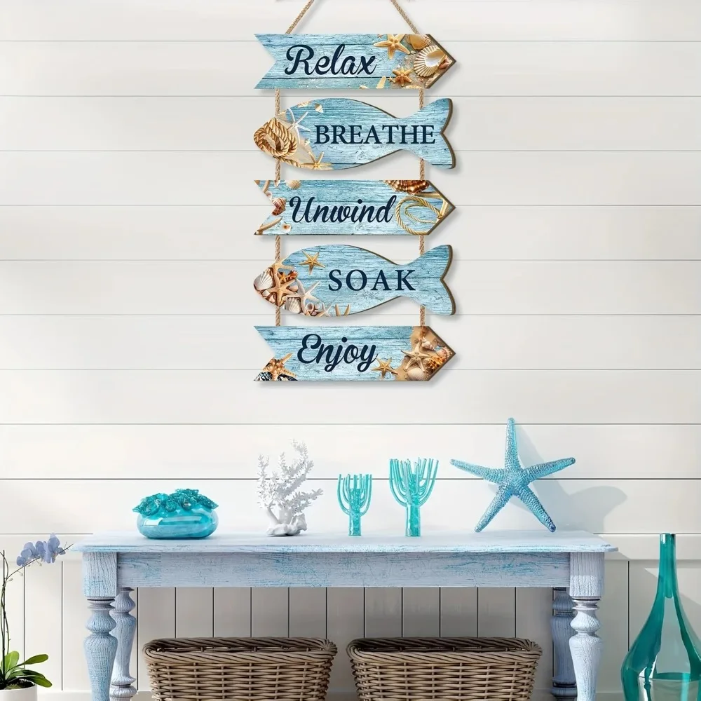 5-piece Set, Rustic Marine Art - Fish Shaped Arrow Wooden Hanging Decoration, Multi-purpose Home Room Bathroom Bar Decoration