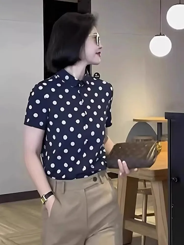 Chique Polka Dot Design Zomer Pendelen Sle Dames irt ort Sve Slim Fit Koreaanse versie Recht gesneden blouse met knopen