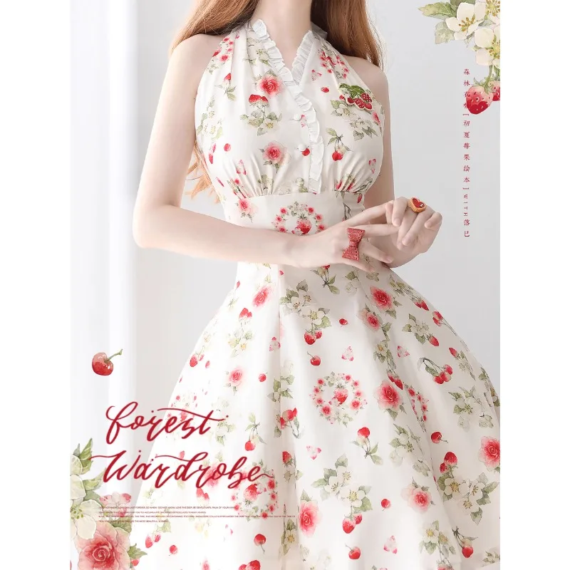 Japanese Lolita Style Summer New Retro Elegant Classic Dress Rojita Floral Hanging Neck Knee-Length Slim Fit Vestidos De Mujer
