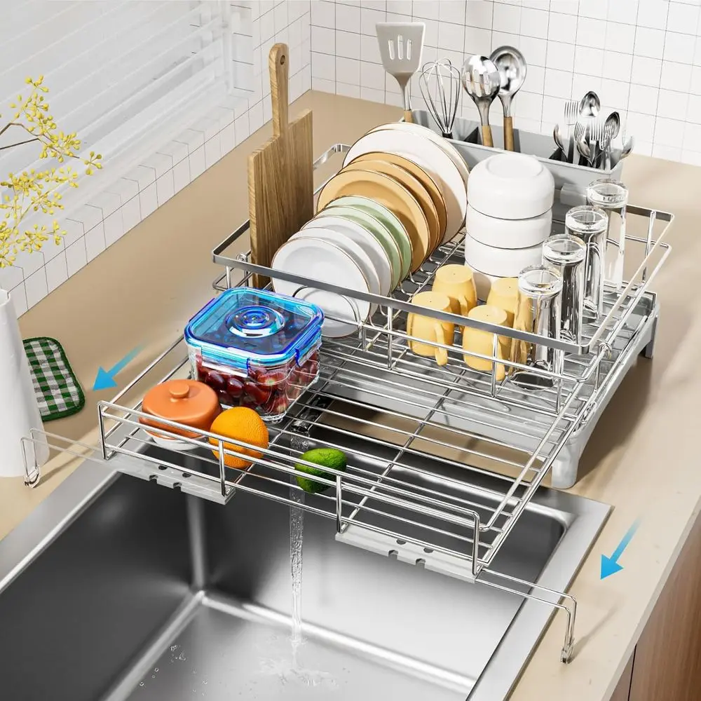 

Dish Drying Rack, 304 StainlSteel Expandable Dish Drainer or Kitchen Counter, Space-Saving with Utensil Holder, Gray