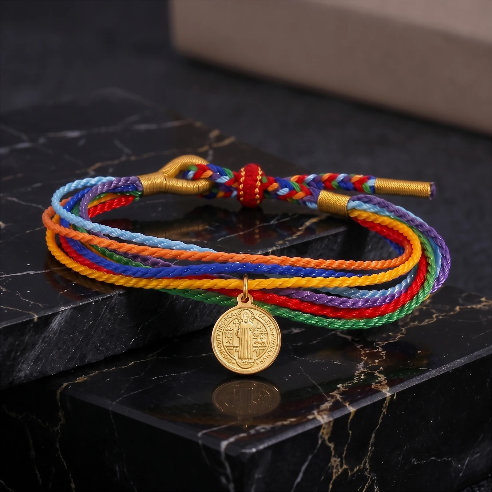 Saint Benedict 7 Chakra Braided Rope Bracelet, San Benito Medal Woven Wristband, Adjustable Protection Faith Jewelry Gifts