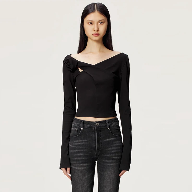 

Asymmetric Hollow out Long Sve Bla Slim Fit T-irt Autumn New Arrival Handpied Store MARRKNULL Commute Sle Simple D...