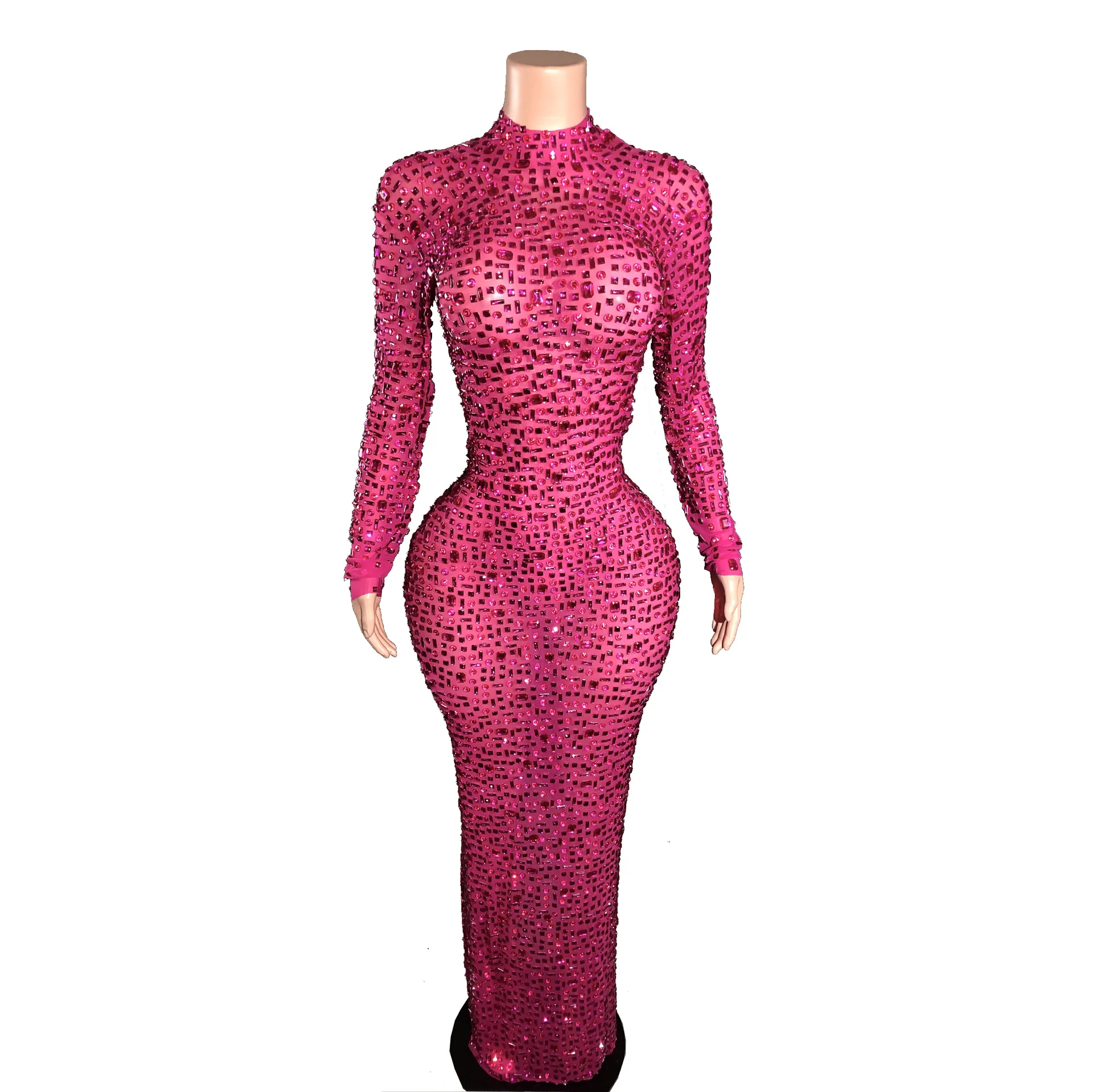 

2024 spring diamond neck long sleeve evening dress women's banquet high waist slim and thin high-end party dress