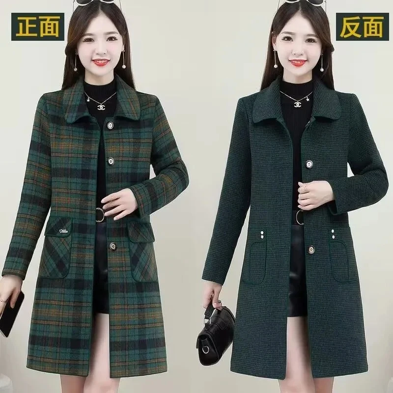 Long Women Double Sided Cashmere Woolen Coat Autumn Winter Middle Aged Mother Both Sides Wear Plaid Wool Jacket Windbreaker 5XL