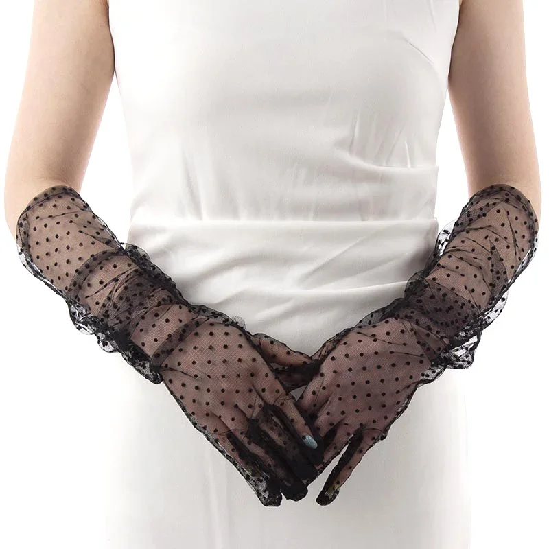 Gants Longs en Tulle et Dentelle à Pois Noirs et Blancs pour Femme, Mitaines Extensibles, Doigt Complet, Transparent, Sexy, Maille, Mariage, Été