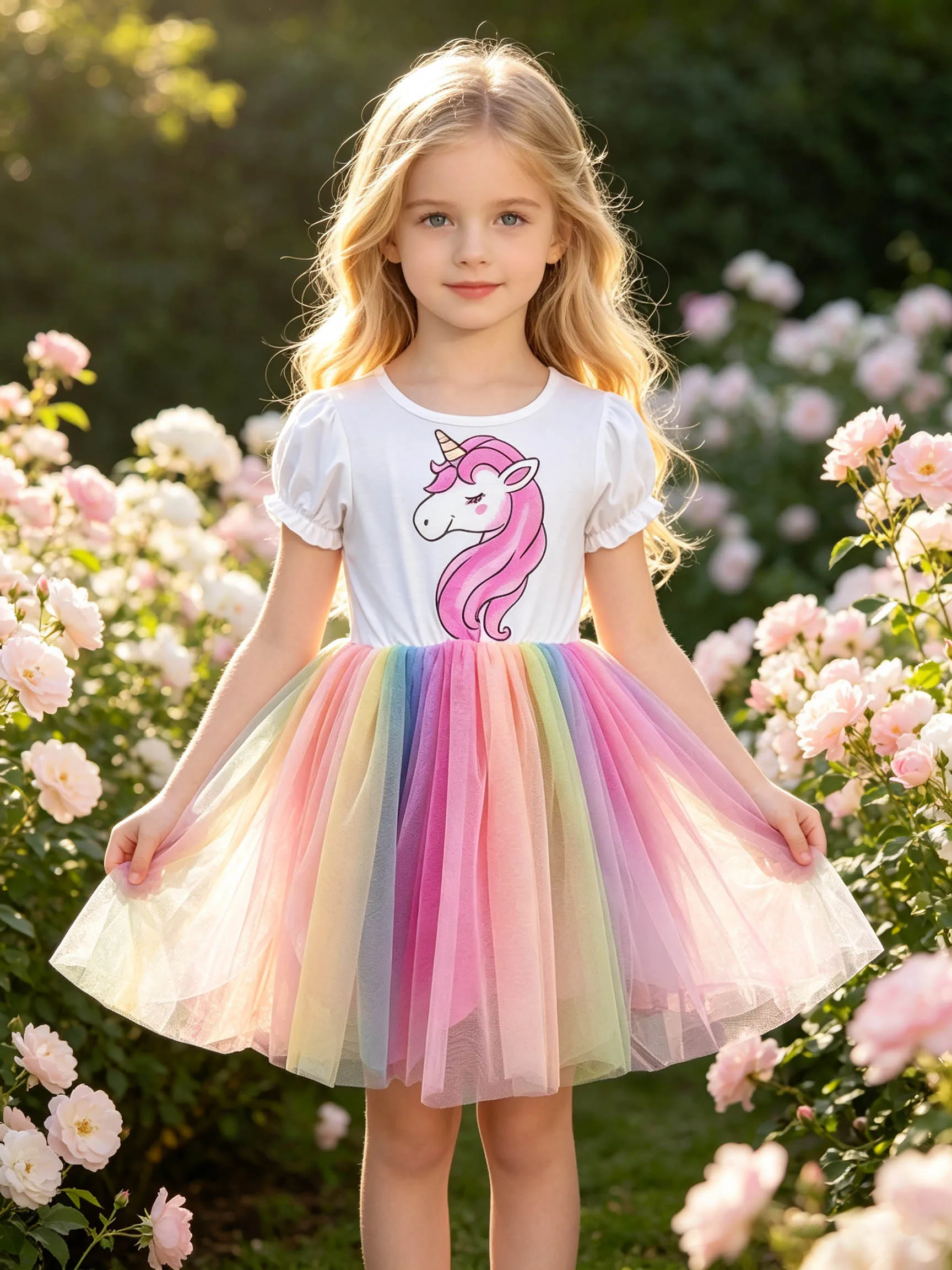 Little Girls' Pink Mane Unicorn Puff Short-Sleeve Dress, Macaron Rainbow Gradient Tulle Fluffy Princess Skirt