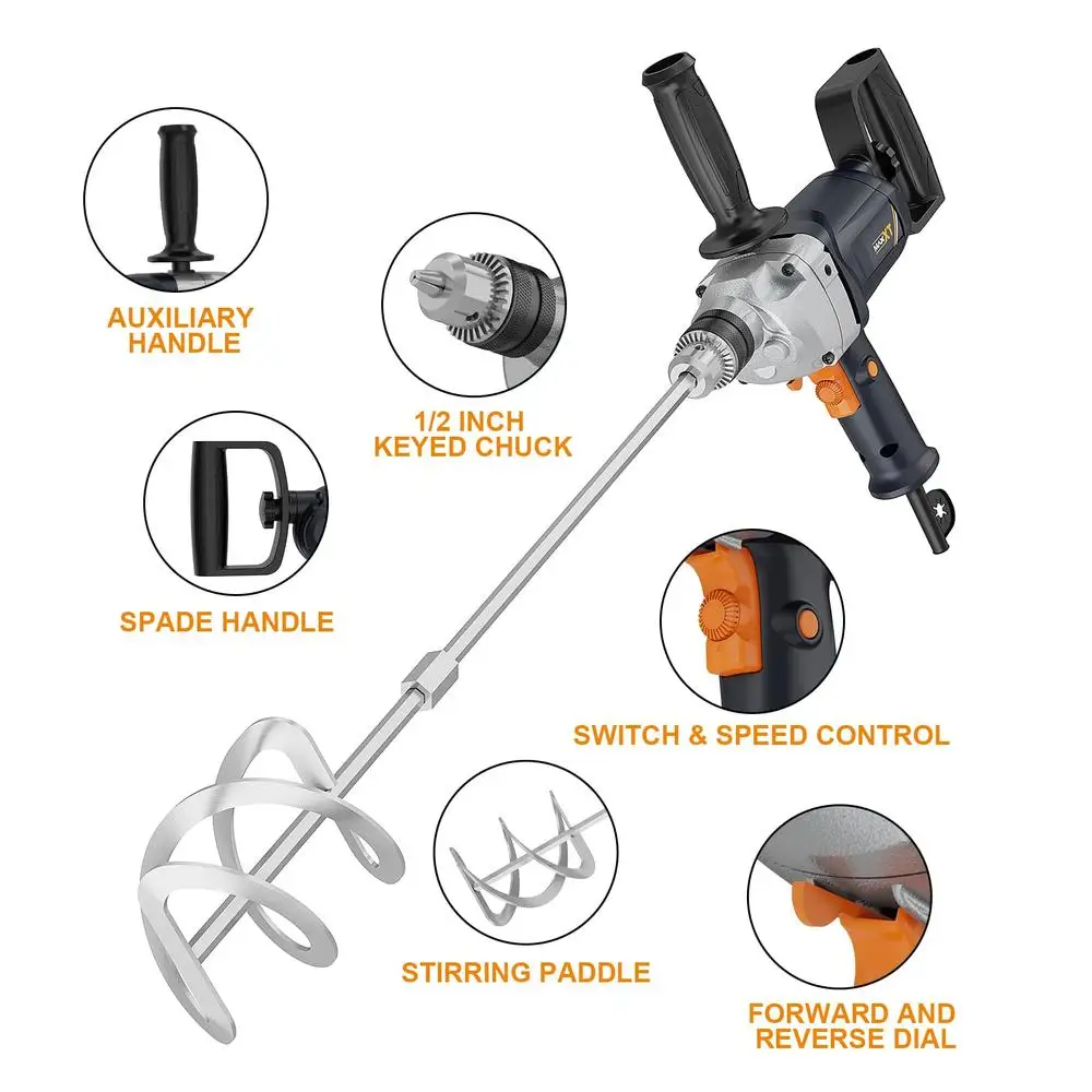 مجموعة مثقاب خلاط الخرسانة الكهربائية مع مقبض بأسمائها الحقيقية 1/2 بوصة محرك 9A 360 درجة °   دوران قابل للتعديل سرعات مفتاح تشاك الملحقات تحمل