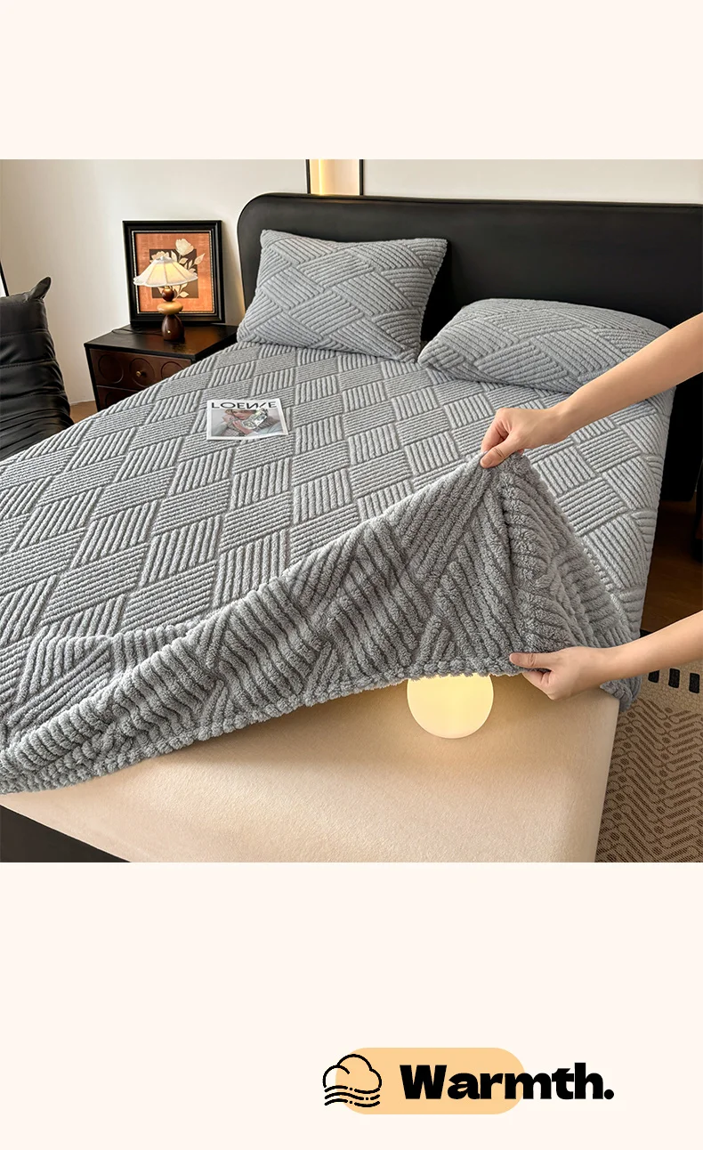 Geometric Jacquard Fleece Fitted Sheet Winter Thickened Warm Mattress Cover Solid Color Soft Plush Sheet for Single Double Bed