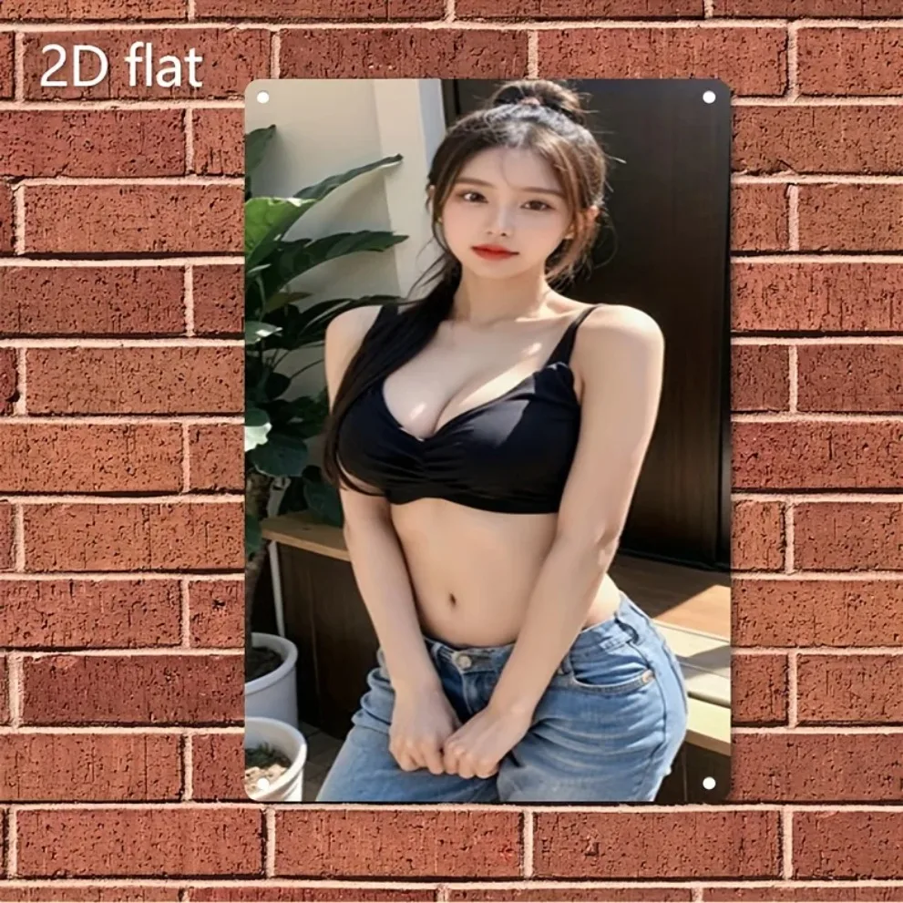 HD Metal Wall Art Asian Casual Fitness Beauty Pin Up Girl Vintage Metal Tin Sign for Home Bar Man Cave Decor