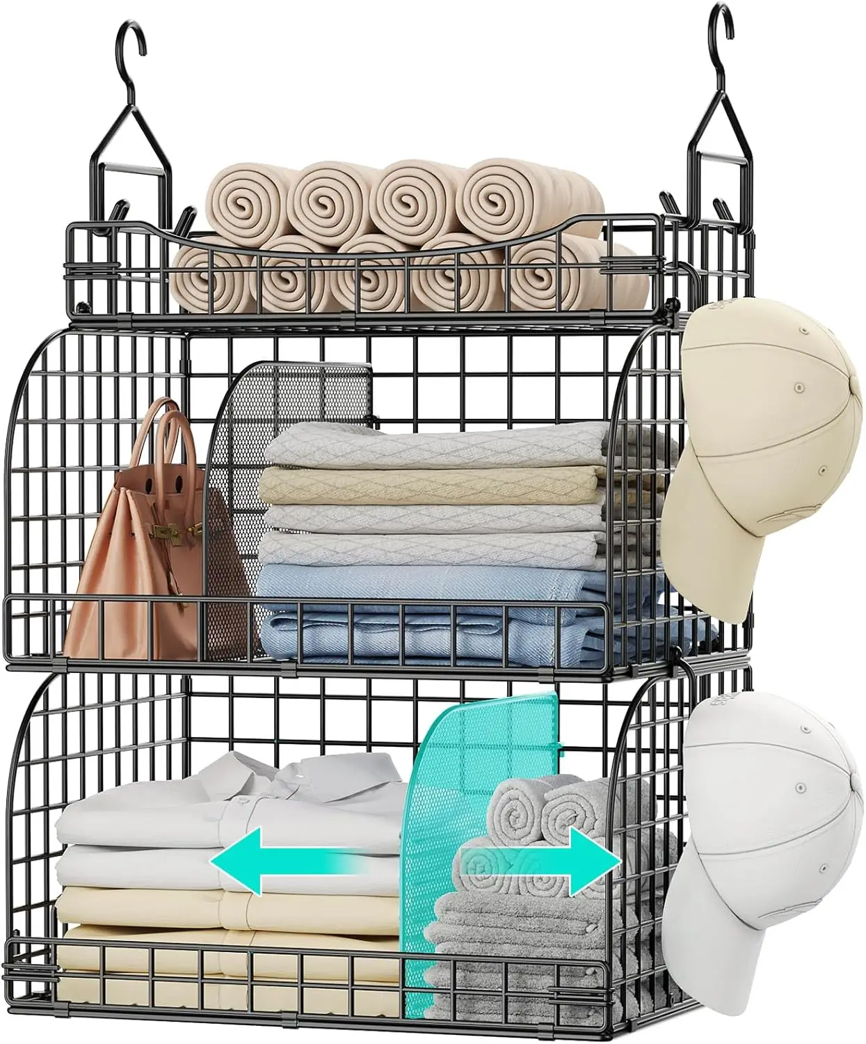 

3-Tier Foldable Metal Hanging Closet Organizer with Dividers and S Hooks for Clothes, Shoes, Accessories