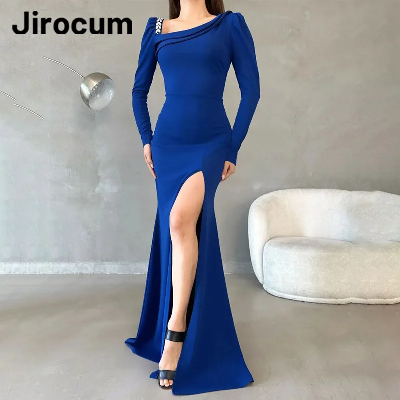 Jirocum elegante abito da ballo blu da donna in cristallo semplice aderente abito da sera per feste lunghezza del pavimento abiti per occasioni muslimah