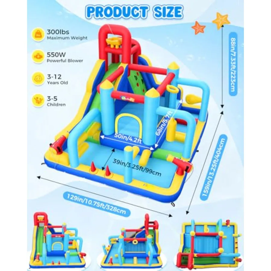 16-in-1 Water Slide Bounce House for Backyard, 13x11x7.4FT Large Inflatable Obstacle Course Water Park w/Water Bucket/Water Gun