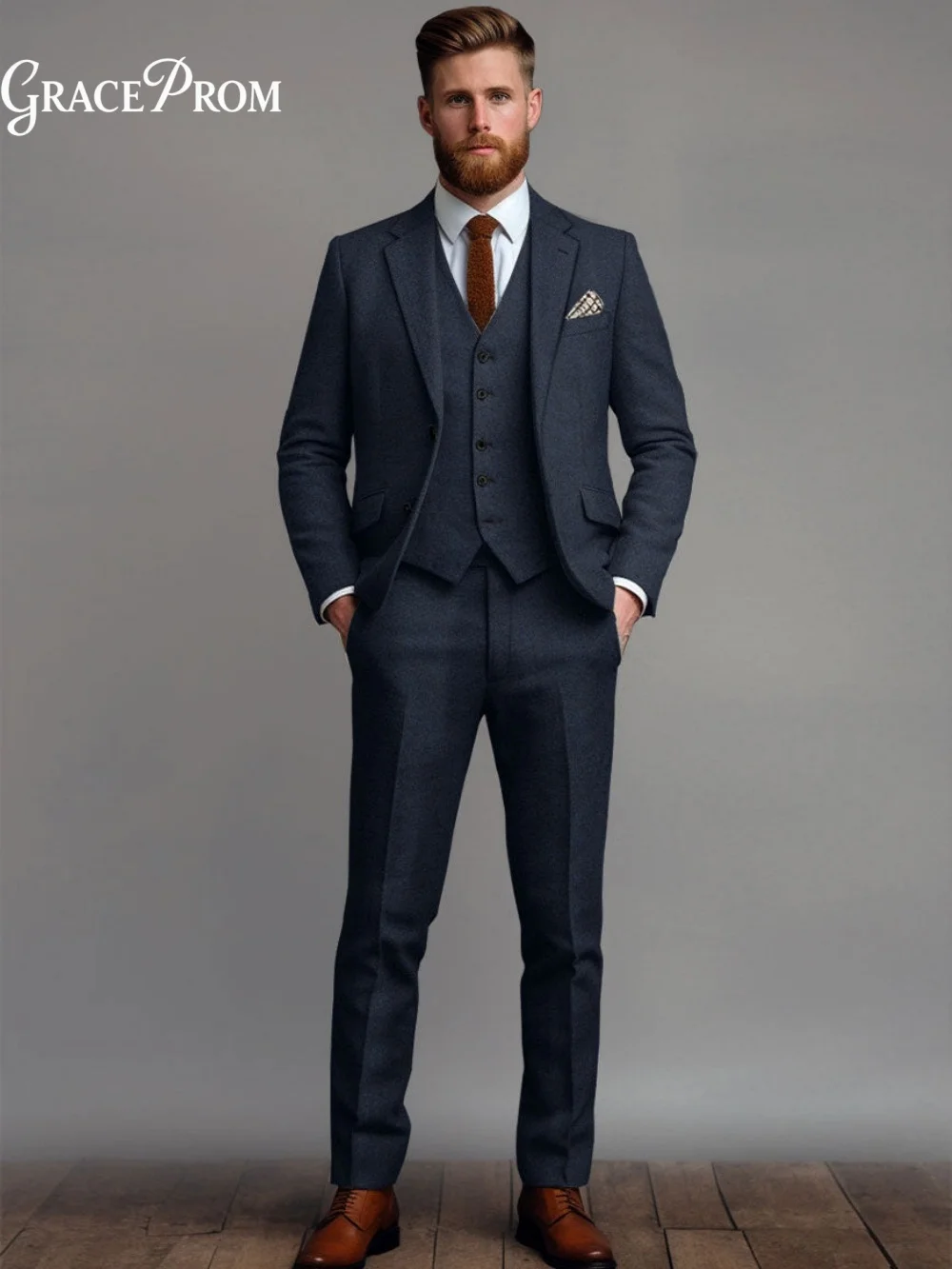 Elegant Solid Navy Blue Mens 3Pcs Suit Set 2026 Classic Blazer Waistcoat Trousers Formal Outfit For Business Wedding Prom