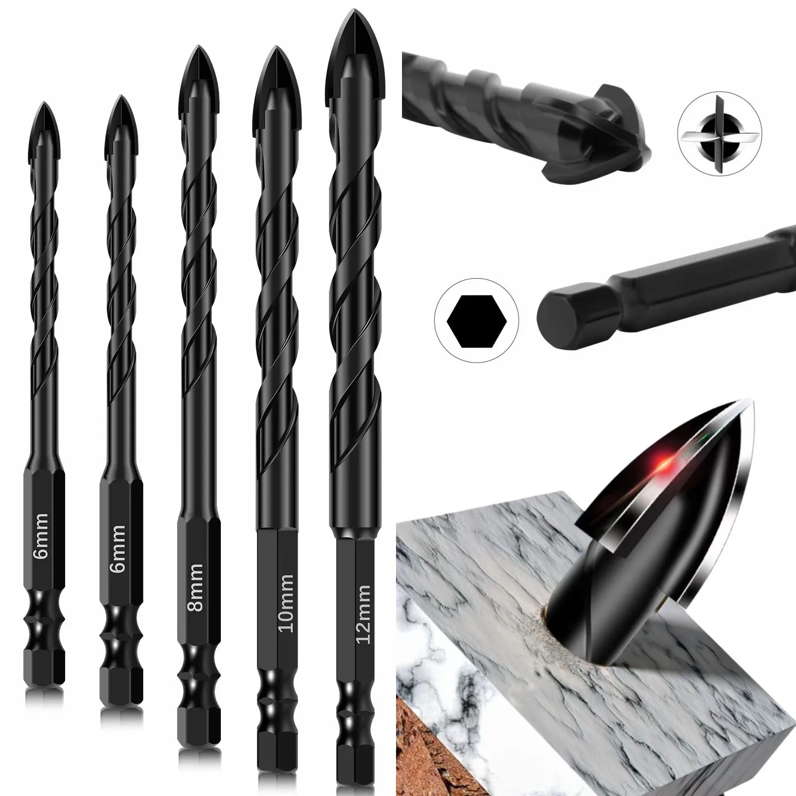 Set di punte da trapano per piastrelle esagonali a croce da 4-12 mm per kit di strumenti per punte triangolari in lega dura di mattoni per apri fori in ceramica di vetro