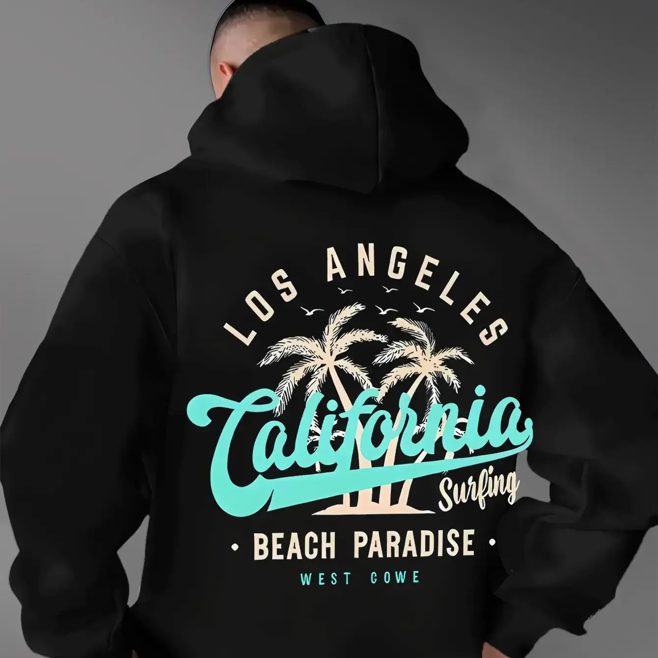 Übergroßer Herren-Hoodie Vintage Retro Los Angeles Kalifornien Kursivschrift Palme Surf Grafik Weicher Fleece Lässiger Pullover – Detail 3