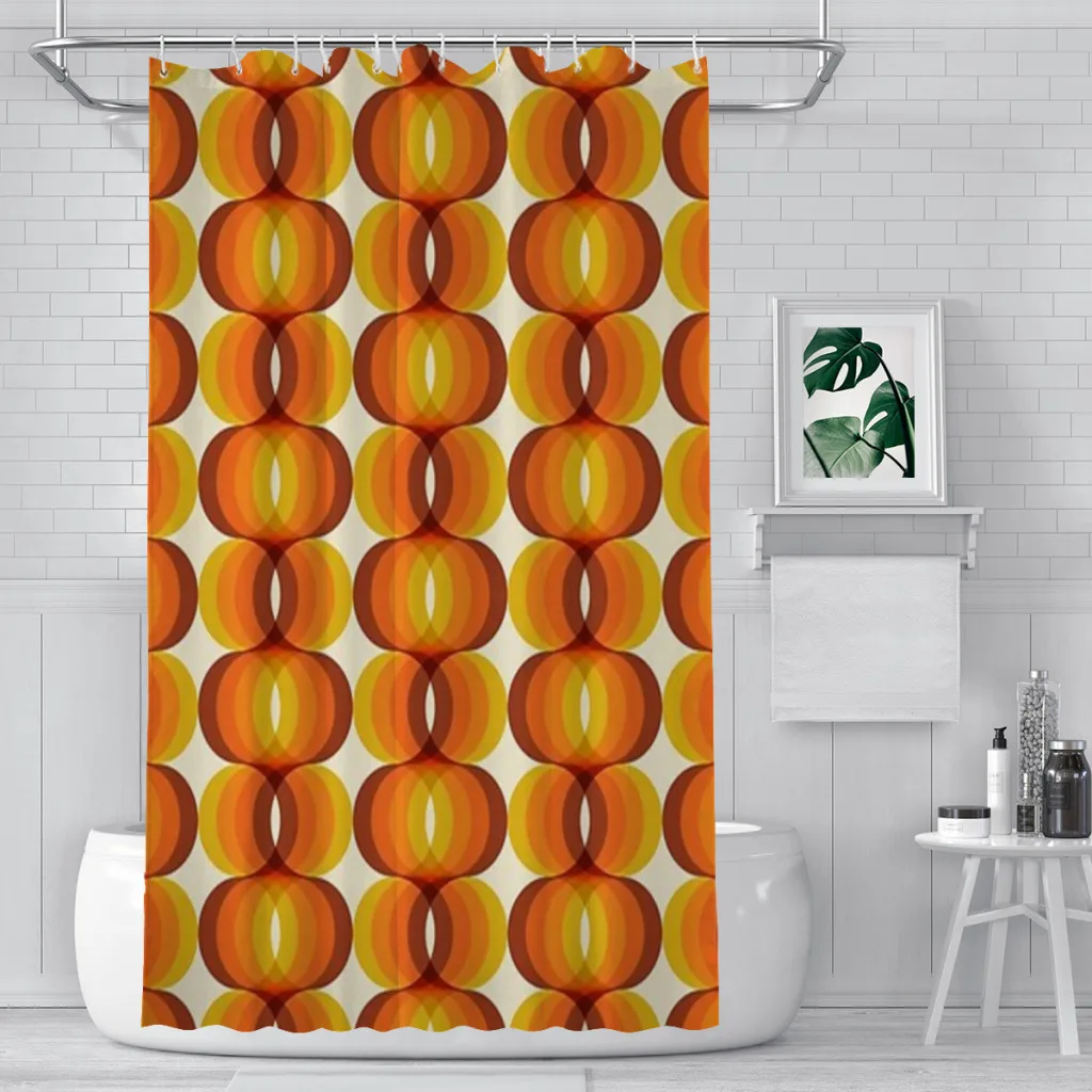 

Orange, Brown, and Ivory Retro 1960s Wavy Pattern Shower Curtain Landscape Bath Curtain With Hooks