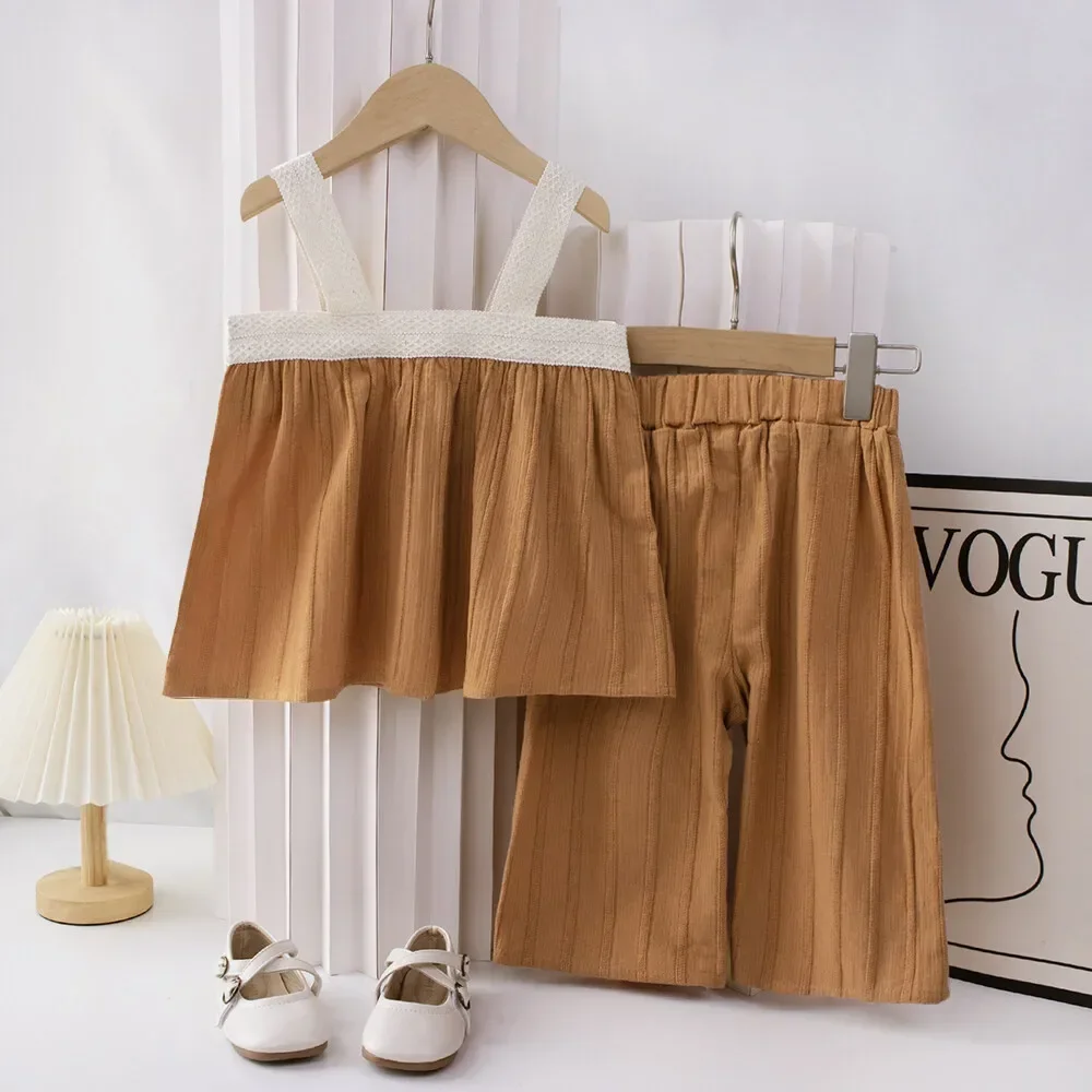 Pakaian Musim Panas untuk Anak Perempuan Usia 3-7 Tahun, Atasan Tanpa Lengan dengan Tali + Celana Kaki Lebar, Set 2 Pcs, Pakaian Kasual Anak Warna Solid