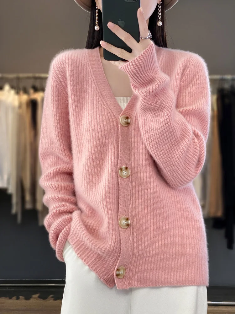 Autumn Winter V-neck Buttoned Cardigan For Women 100% Merino Wool High Quality Casual Solid Cashmere Sweater Female Clothing