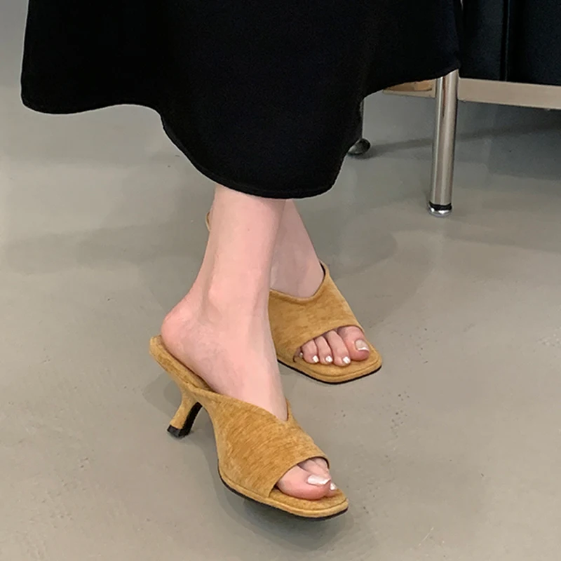 Fashion Square Toe Suede Women Slippers Casual Thin Low Heels Slide Sandals Elegant Party Dress Vacation Style Mules Shoes