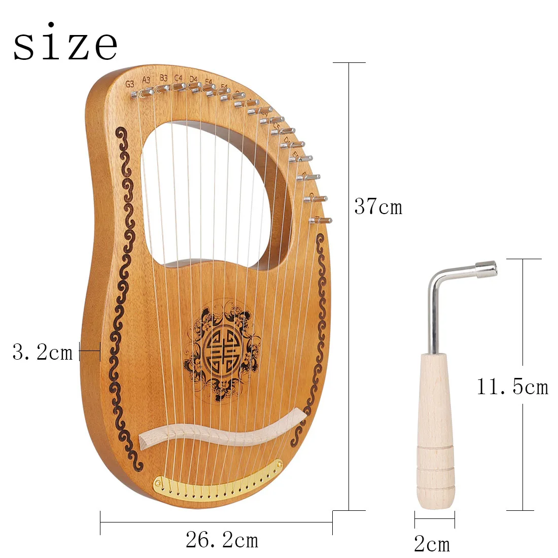 16 Strings Lyre Harp Mahogany G3-A5 Harp Wooden 16 Notes Harp with Tuning Tool Stringed Instrument For Kids Adult Beginners