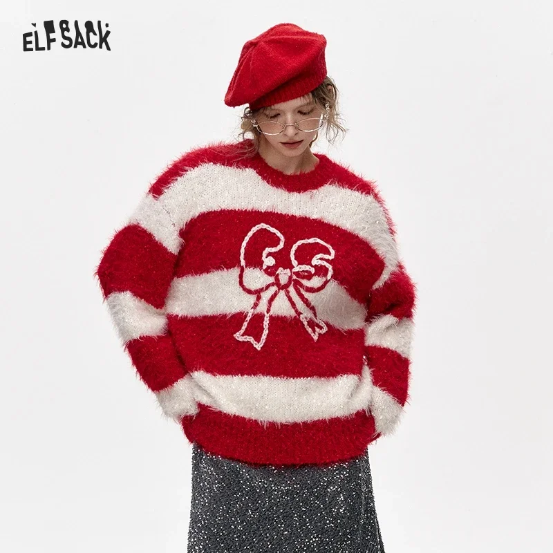 ELFSACK Women's Long Hair Sweater 2024 Winter New Arrivals New Year Red White Stripes Bowknot Jacquard Knitwear
