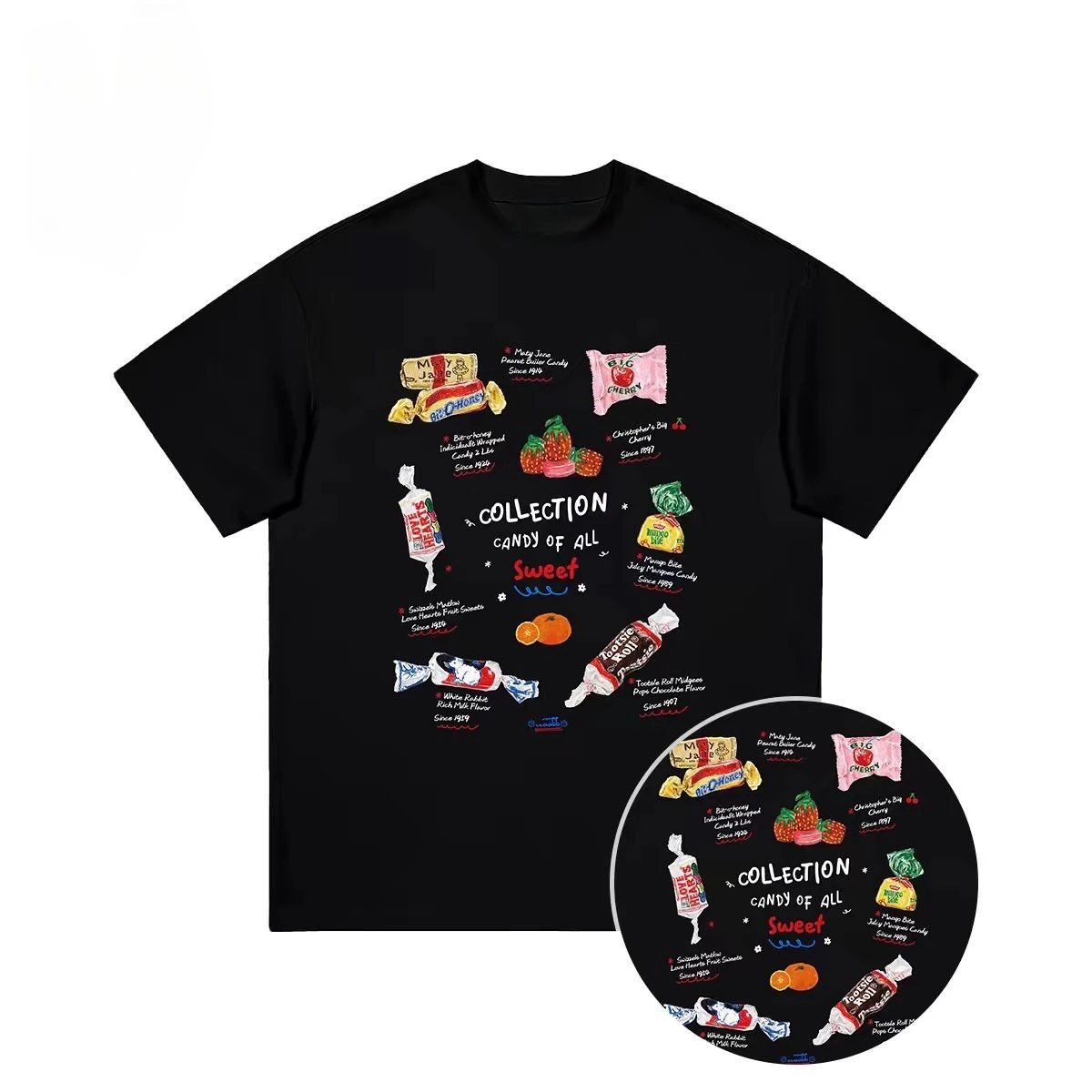 

2025 American new summer design candy print casual pure cotton loose short-sleeved T-shirt for men and women