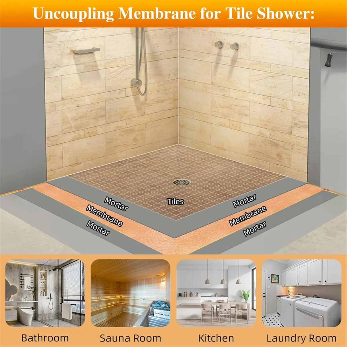A002 Waterproof Membrane Band Roll,Shower Waterproofing Membrane Uncoupling Band for Tile Wall Floor Bathroom Shower Sauna