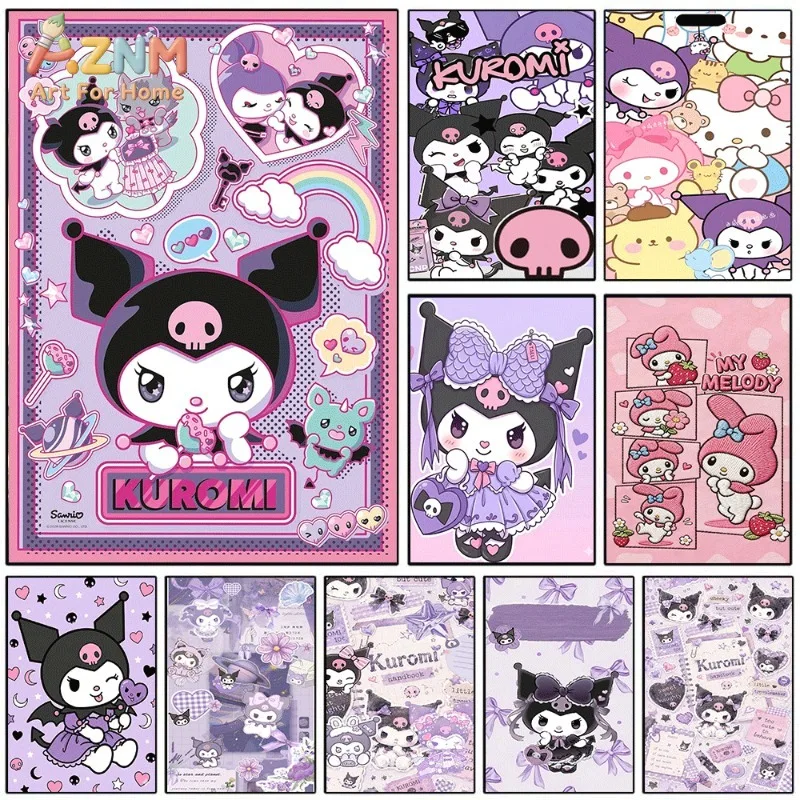 Sanrio Kuromi Pink Purple Collage Canvas Wall Print No Frame Cute Devil Character Cartoon Poster Rainbow Heart Sweet Girly Bedro