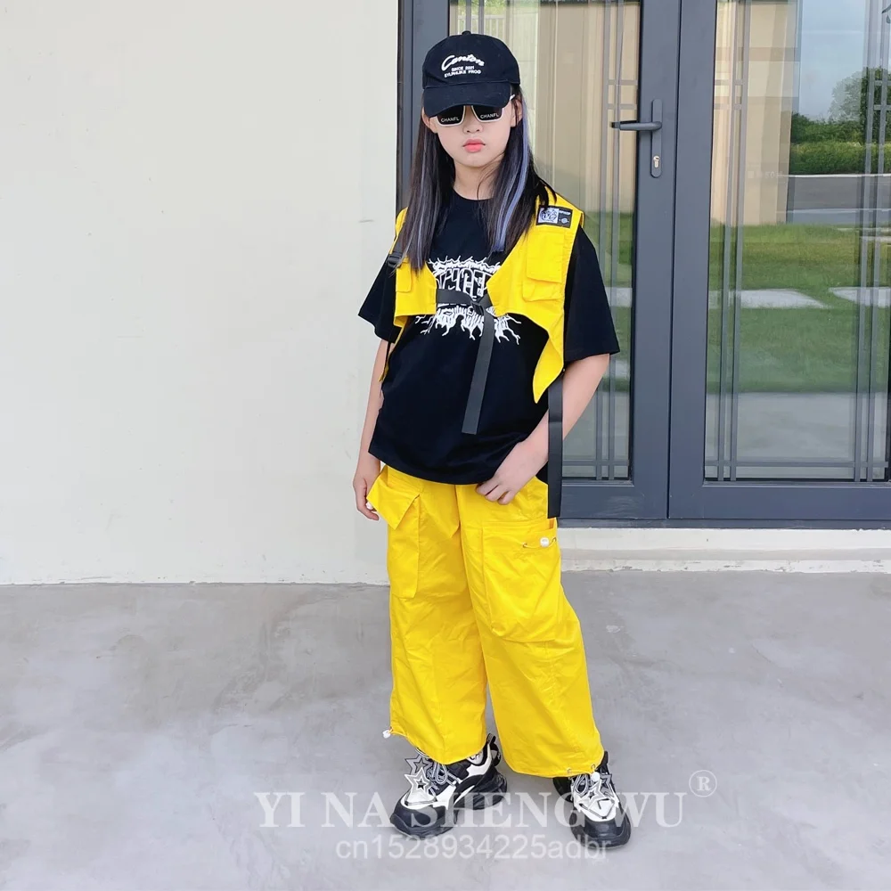 Hip Hop filles gilet jaune Cargo pantalon garçons Cool T-shirt rue danse Joggers enfants Streetwear vêtements ensembles enfants Jazz Costumes