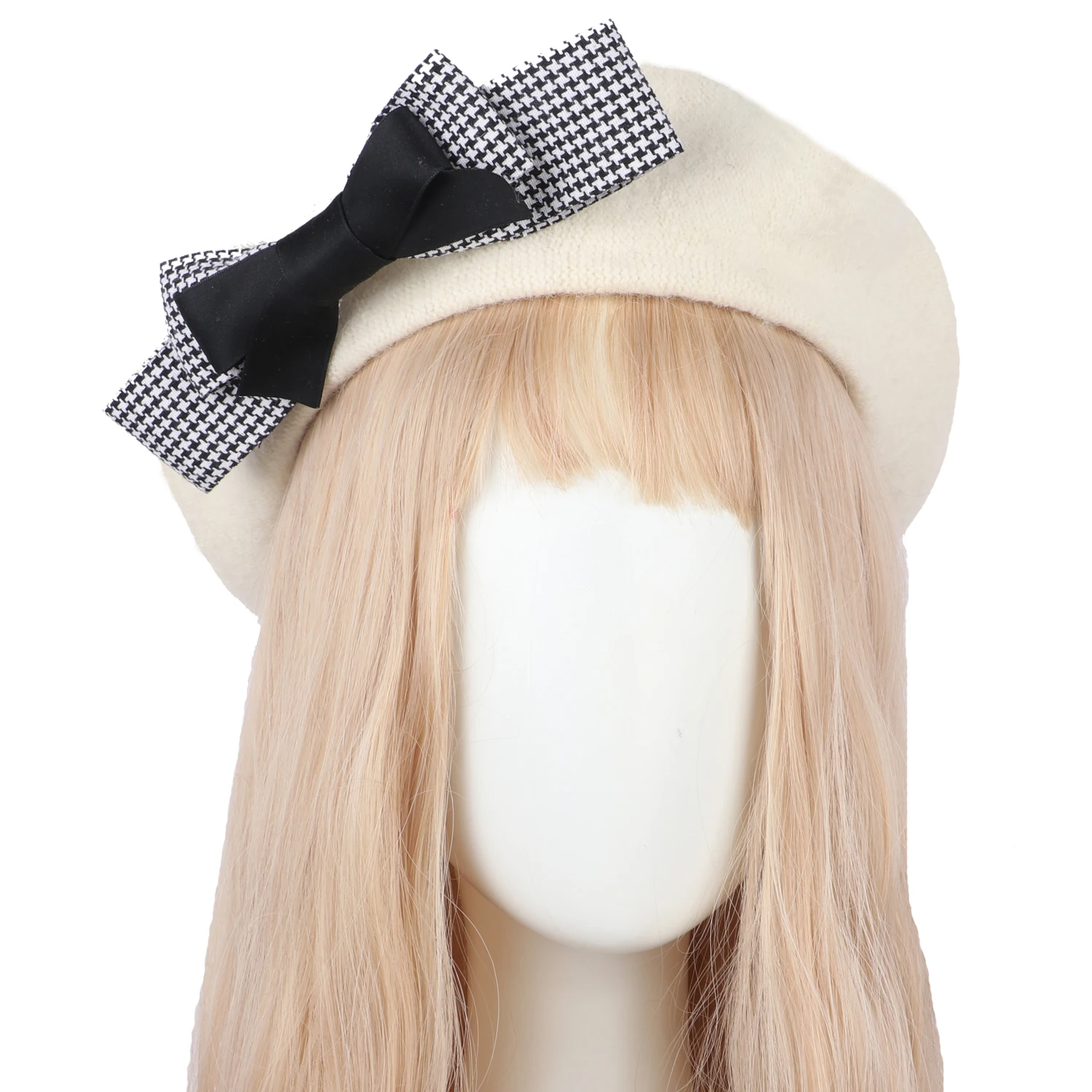 

Women Wool French Beret Hat with Big Bow Girl Lolita Cute Plaid Beanie Cap Hat Winter Warm Fashion Accessory