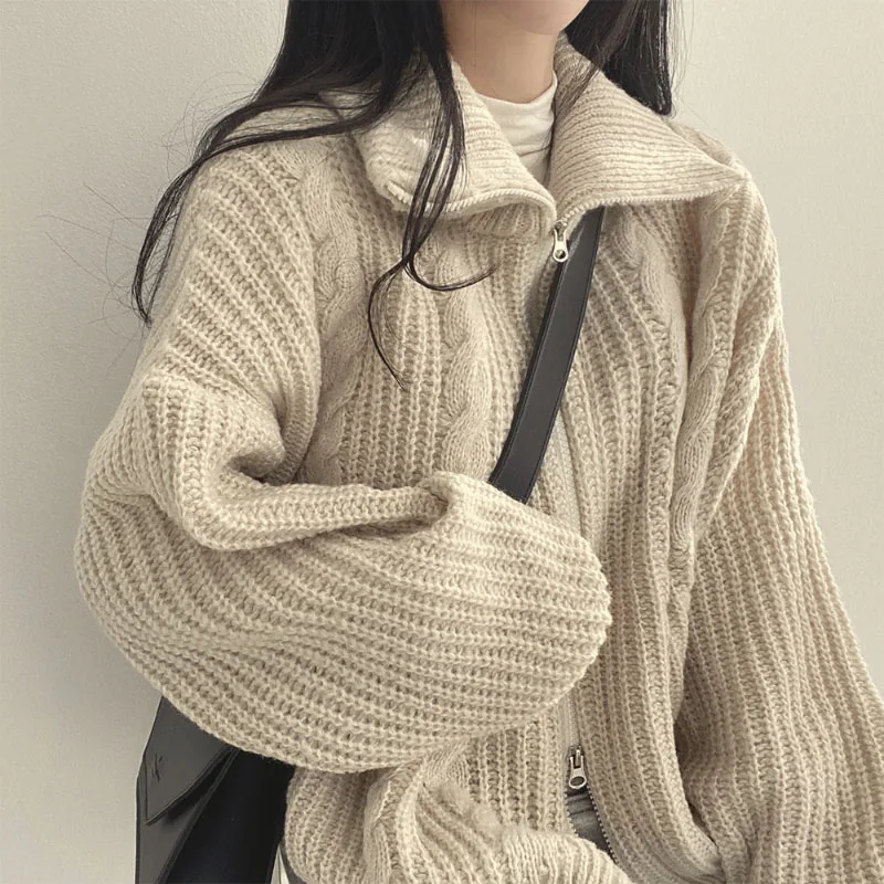 Autumn Winter Casual Zipper Y2K Cardigan Women Turtleneck Long Sleeve Oversized Knitted Basic Loose Sweate