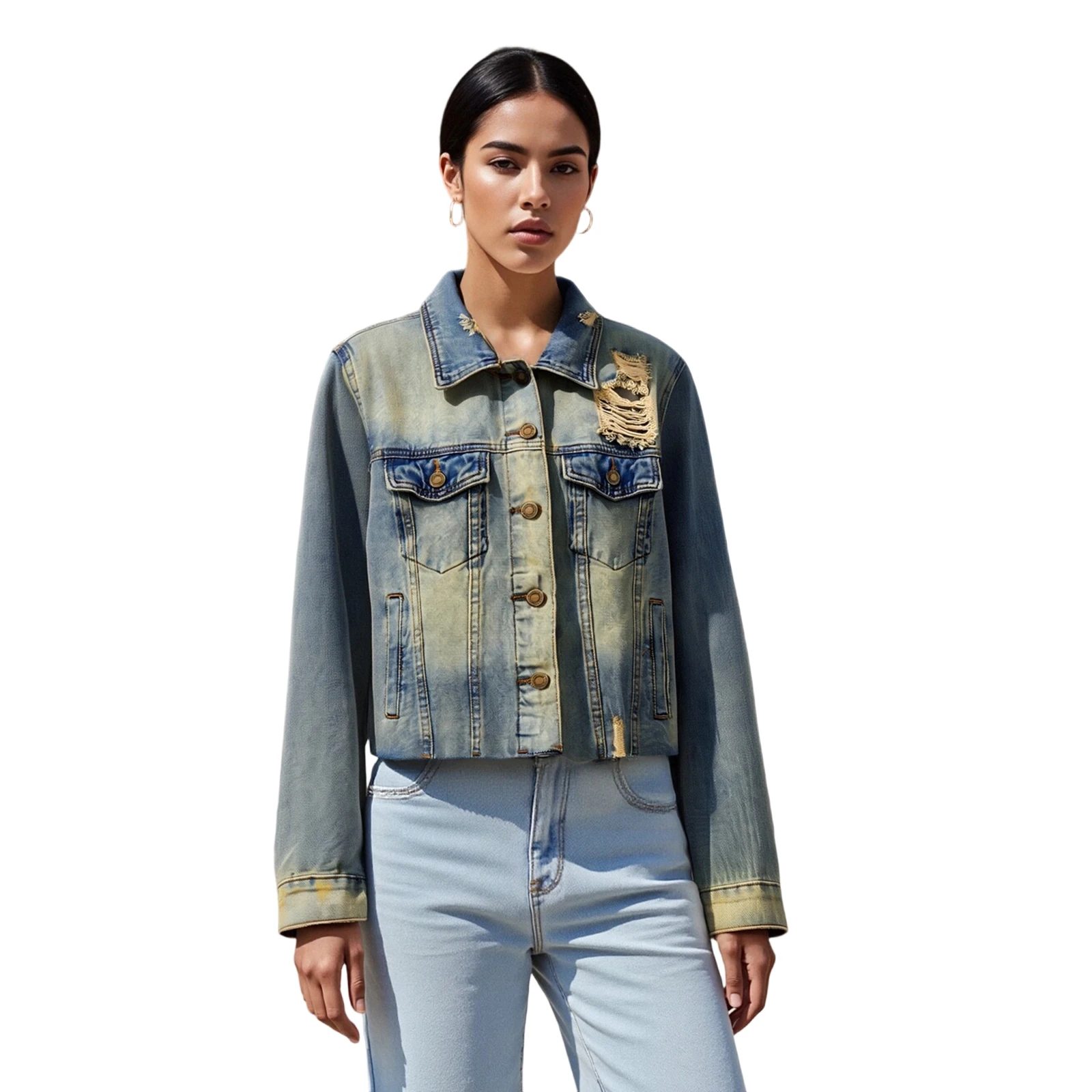 

Women s Fall Denim Jackets with Pockets Distressed Ripped Button Down Long Sleeve Casual Jean Coats