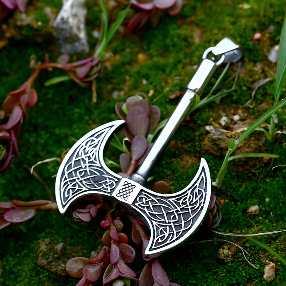 

Vintage Double Sided Viking Axe Pendant For Men Stainless Steel Nordic Celtic Knot Necklace Unique Amulet Jewelry Gift Wholesale