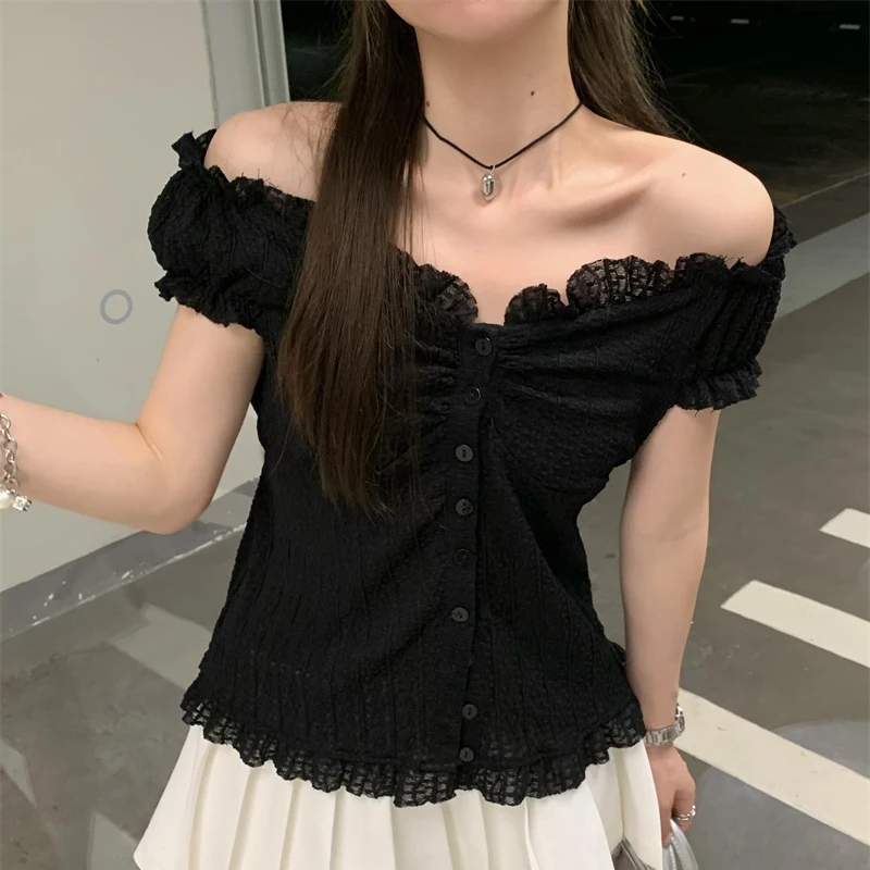 Y2K Sweet Women Shirts Korean Lace Off Shoulder Slim Female Casual Blouse Summer New Puff Sleeve Button Ladies Crop Tops