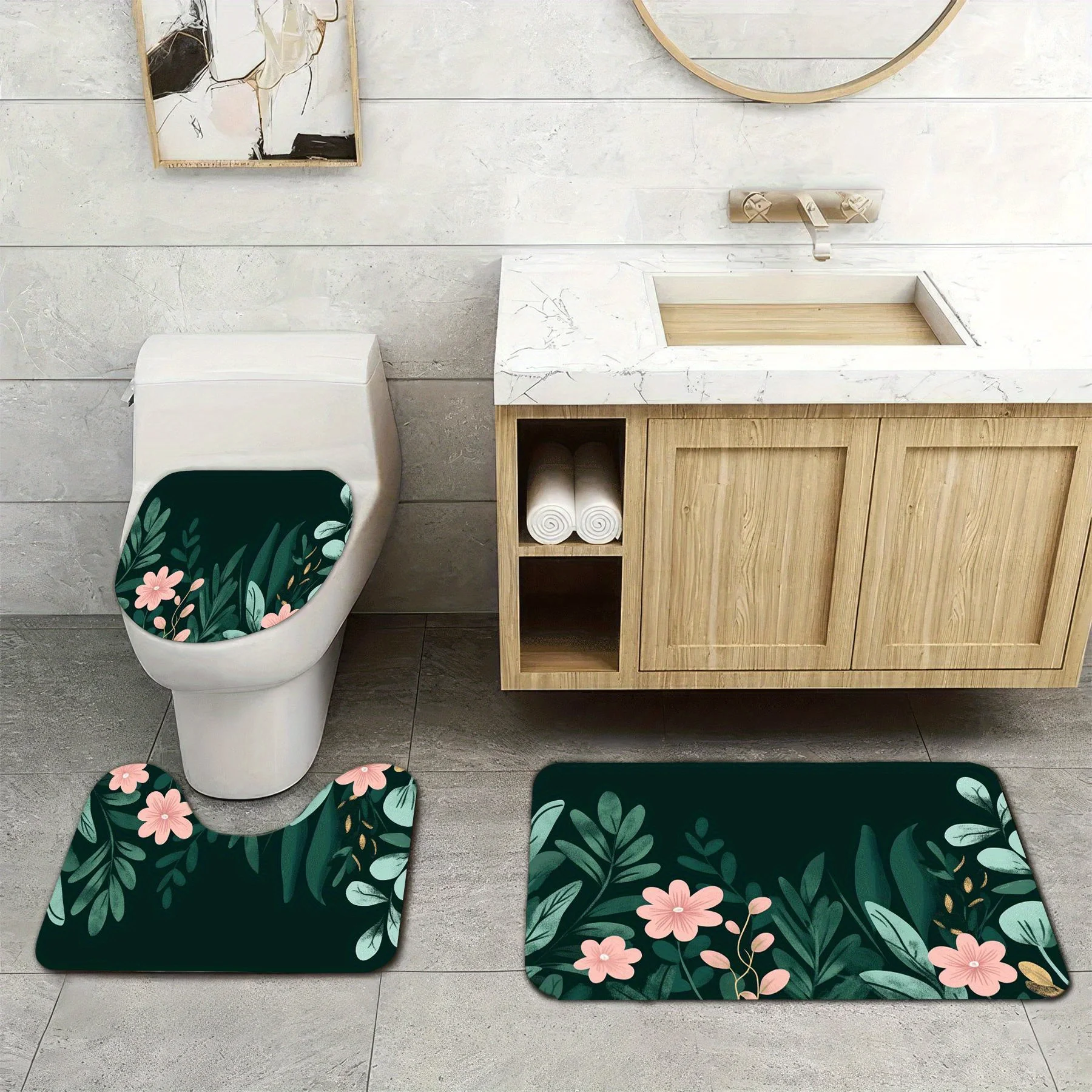 

3pcs Super Soft Bathroom Floor Mats Set, Absorbent, with Non-slip Backing, El Bosque Print Suitable for Bathroom, Toilet, Bedroo