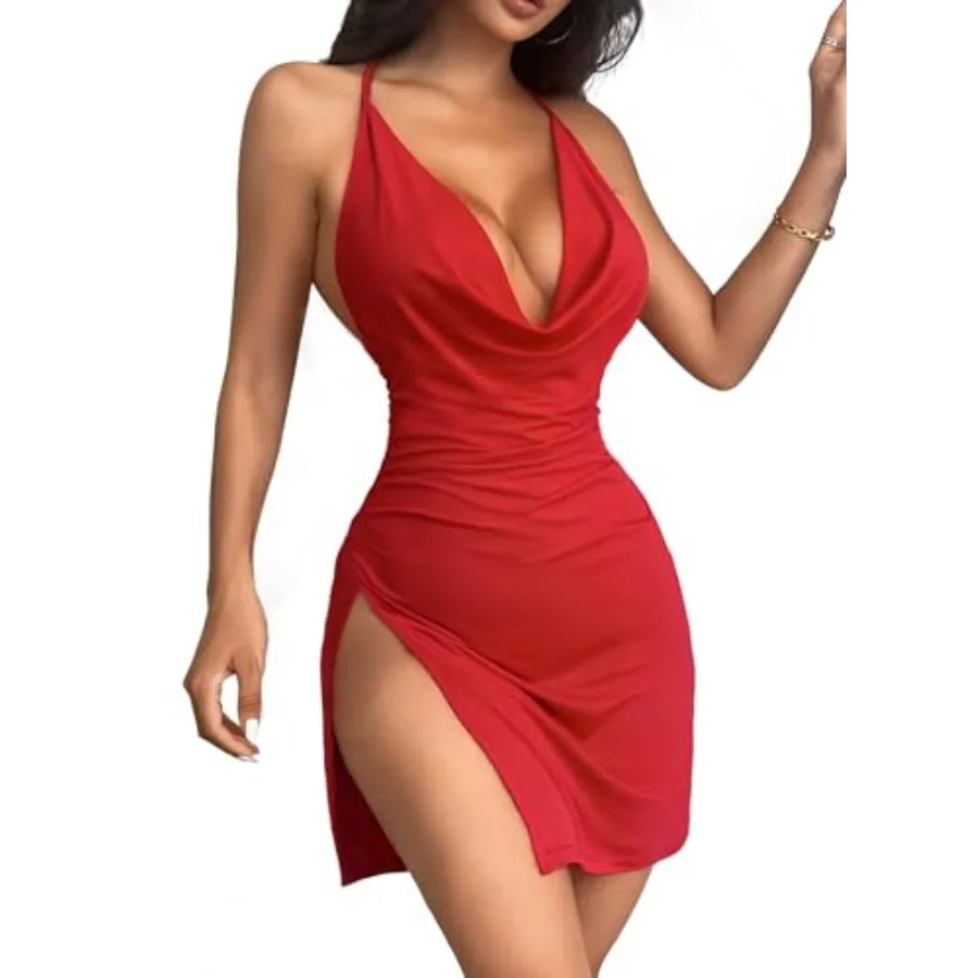 

JOTWIS Women's Sexy Backless V Neck Mini Dress High Slit Club Night Out Party Cocktail Dresses